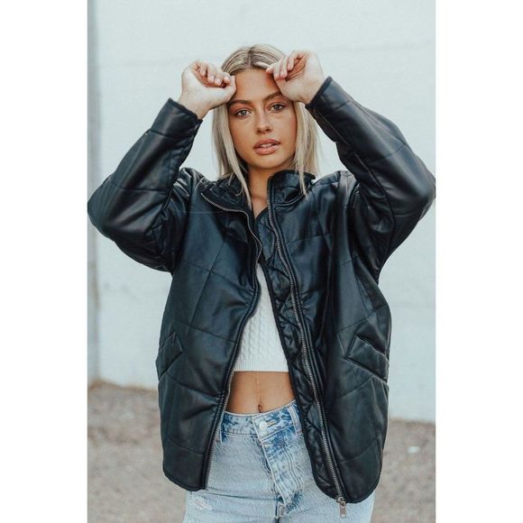 Free People Jackets & Blazers - NEW Free People Black Dolman Quilted Vegan Leather Jacket - Oversized Bomber